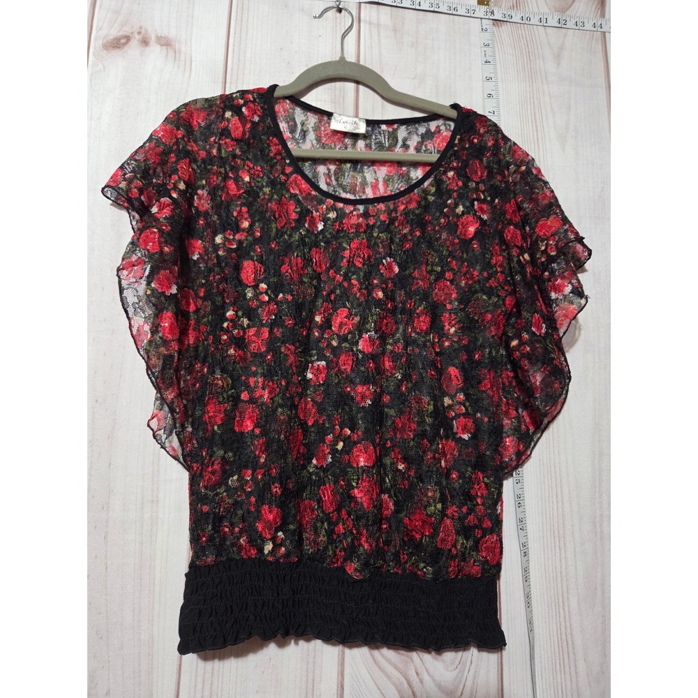 Floral Lace Top Ruffled Sleeve Blouse Smocked‎ Hem Romantic Rose Ladies Large